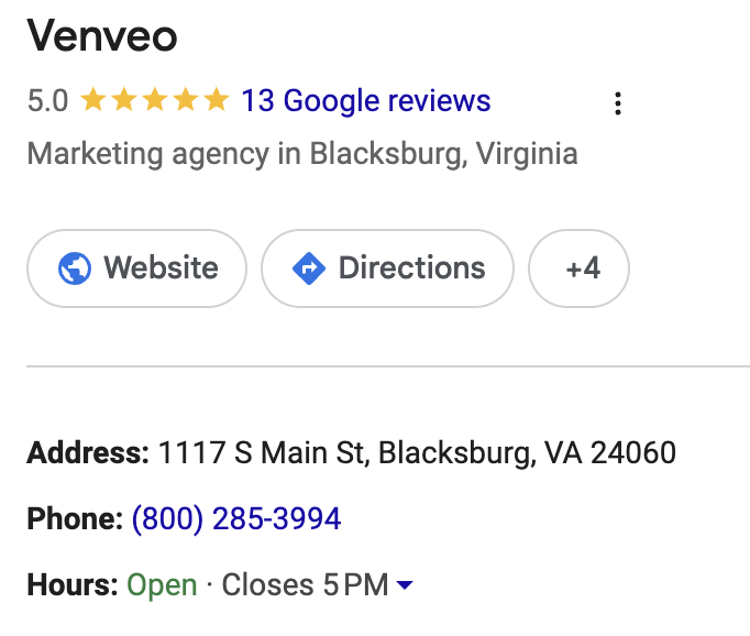 The upper part of a Google My Business Profile with a name, address, and phone number.
