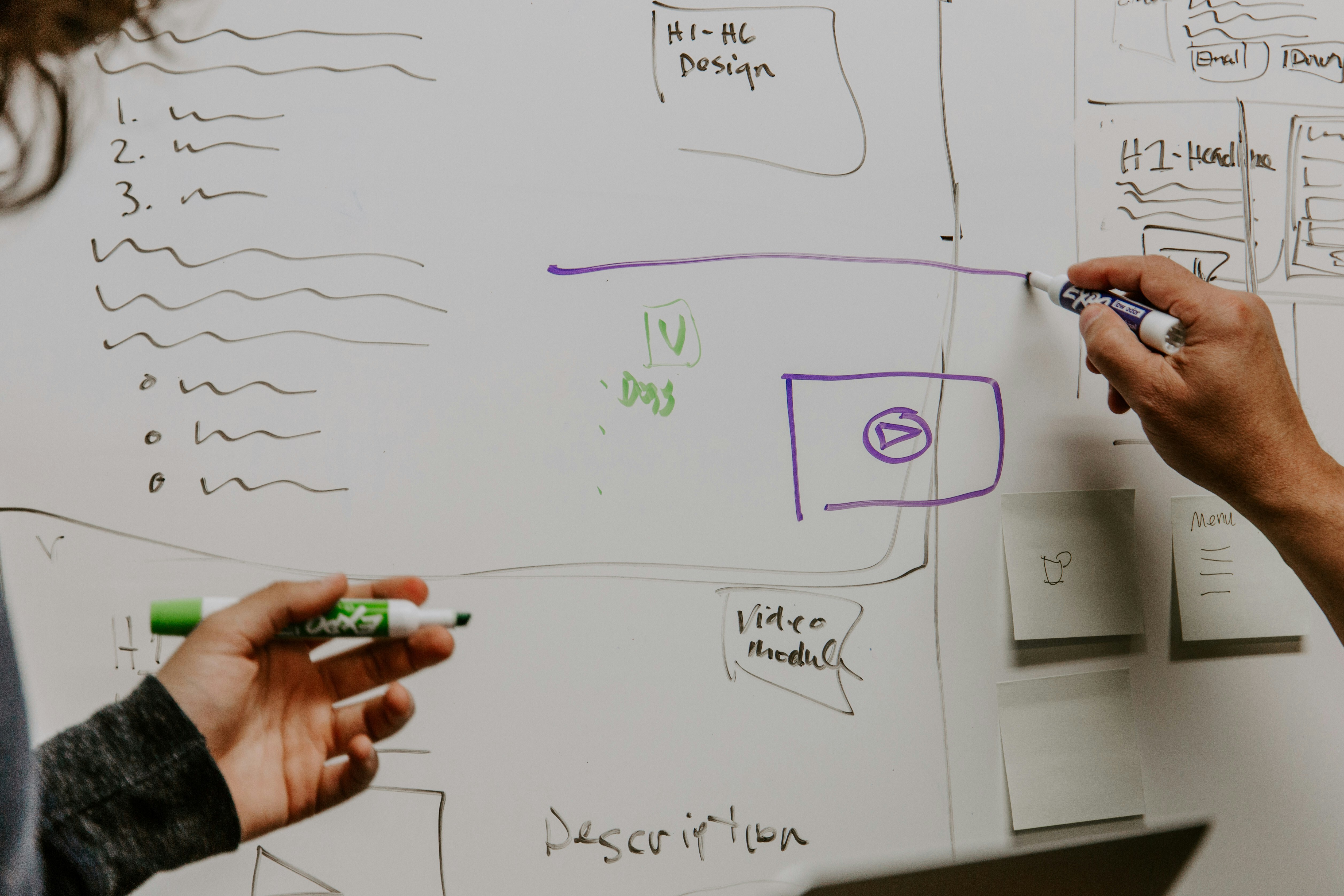 Two people are writing web page layouts on a whiteboard with colored markers.