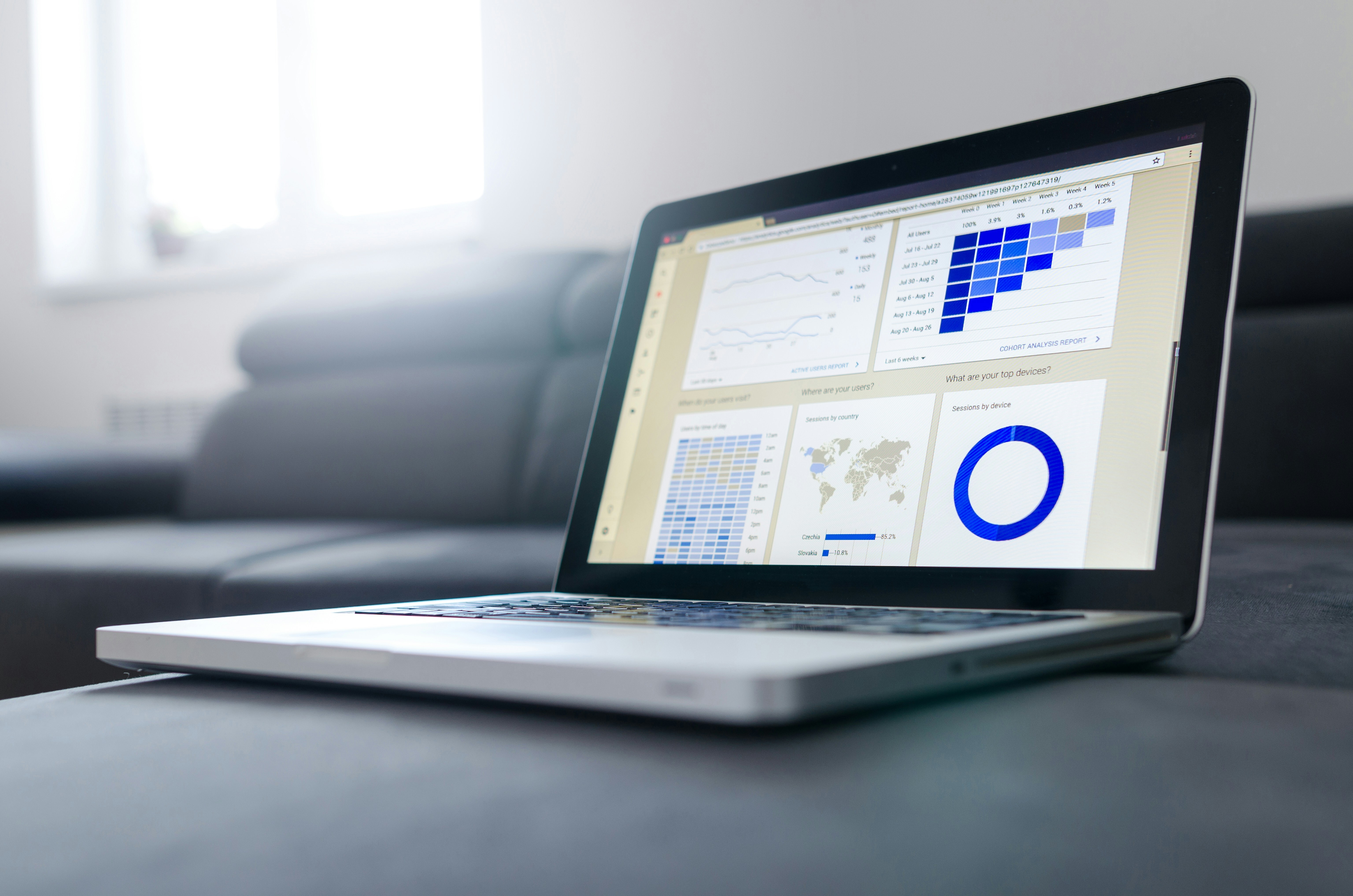 A laptop is sitting on a sofa. There are graphs and data pulled up on the screen.