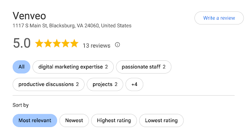 The reviews section of a Google Business Profile is displayed.